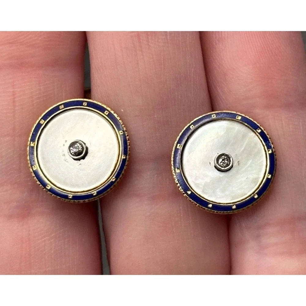 Carter & Howe 14K Gold Mother of Pearl Blue Enamel Diamond Cufflinks Art Deco